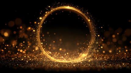 Gold glitter circle of light shine sparkles and goldn spark particles in circl frame on black background Christmas magic stars glo, firework confetti of glitery ring shimmer