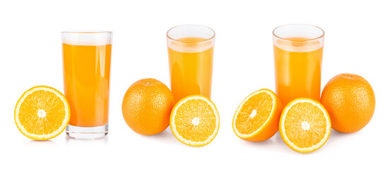 Set of compositions orange juice. Isolated drink. Glass of orange juice, fresh orange whole and sliced.