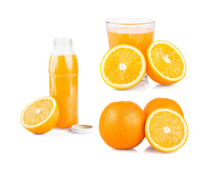 Set of compositions orange juice. Isolated drink. Glass of orange juice, fresh orange whole and sliced.