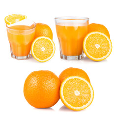 Set of compositions orange juice. Isolated drink. Glass of orange juice, fresh orange whole and sliced.