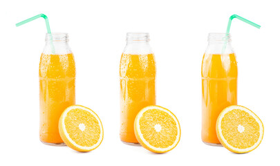 Set of compositions orange juice. Isolated drink. Glass of orange juice, fresh orange whole and sliced.