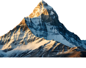 Snow capped mountain peak with golden sunlight isolated on a transparent background