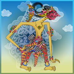 Vector illustration, modification of the wayang character Setyaki in the Mahabharata story, with a stylized cloud background.