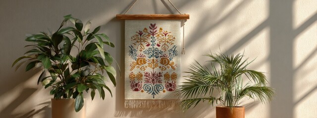 Vibrant wall hanging inspired by Mexican embroidery brightens an
