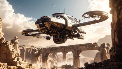 A futuristic drone-like vehicle soaring above ancient ruins in a desert landscape