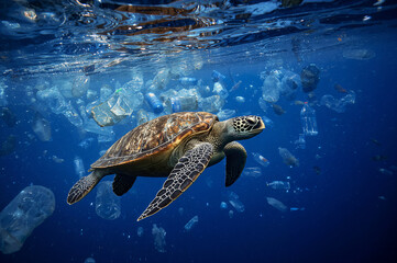 Obraz premium Sea Turtle Swimming in a Polluted Ocean Full of Plastic Bags and Trash