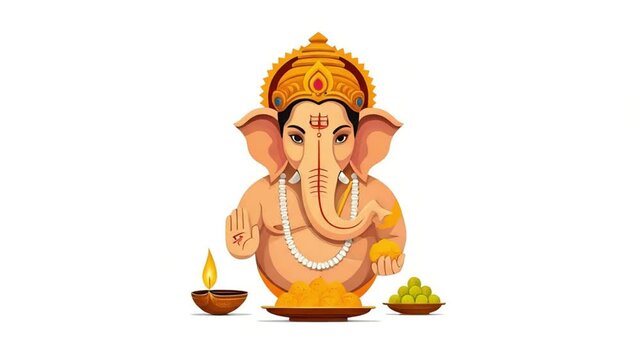 Illustration of Lord Ganesha sitting with a diya and modak on the occasion of Ganesh Chaturthi against a white background.