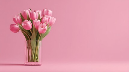 Fototapeta premium Tulips Arranged In A Clear Glass Vase, Placed On A Matte Pastel Pink Background With Dramatic Soft Shadow, Ultra Premium Q4 Quality Ensuring Crystal Clean Commer