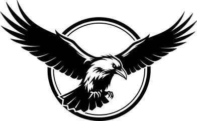 Majestic Eagle Raven Hawk Bird Flying with Open Wings Power Freedom Strength Hunter Predator Black and White Vector Emblem Logo Graphic Design Element.