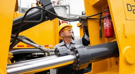 Construction Worker Inspecting Hydraulic Cylinder on Heavy Machinery | Maintenance Technician in Hard Hat Examining Industrial Equipment for Repair and Safety