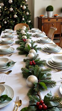 Elegant Holiday Dining Table Setting with Festive Greenery and Ornaments Enhancing a Warm and Inviting Atmosphere in a Cozy Living Room