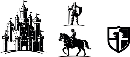 Medieval Castle, Knight with Sword and Shield, and Horseback Rider Silhouette Vector Illustrations for Fantasy and Historic Themes.