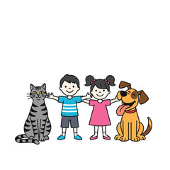 Naklejka premium Happy children and their beloved pets a cat and a dog together in harmony