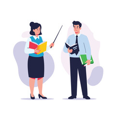 Fototapeta premium Two educators discussing educational material holding books and pointer illustrating a lesson