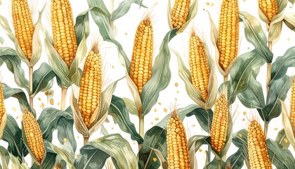 A vibrant watercolor illustration showcases a repeating pattern of corn stalks with golden corn cobs and lush green leaves against a bright white background.