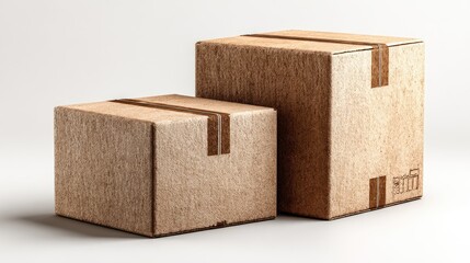 Two cardboard boxes, one slightly larger than the other, rest on a plain white surface