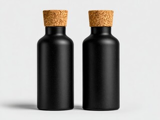 Two matte black bottles with cork tops