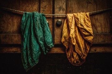 Two faded cloths, teal and ochre, hang from a rope on weathered wooden cabinet doors