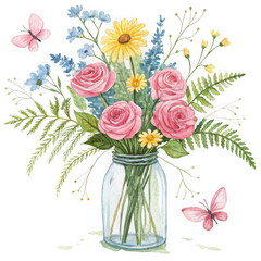 Obraz premium Pink roses and yellow flowers in a jar with butterflies watercolor art transparent background