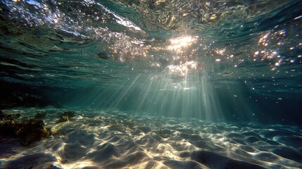 Sunlight beams underwater, through clear water, onto sandy bottom