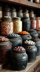 Vintage jars filled with various beans and seeds on wooden shelves