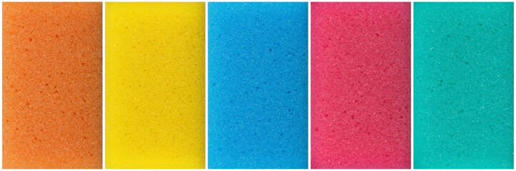 Fototapeta premium Background set with sponge texture. Polymer material with foam structure. Close-up of colored washcloth. Abrasive background with sponge texture. Sponge for washing dishes.Household cleaning inventory