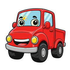 Smiling red cartoon truck with big eyes and playful charm.