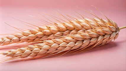 Two dried wheat ears are nestled on a soft pink surface, highlighting the texture and detail of each grain. This arrangement showcases the simplicity and elegance of natural elements