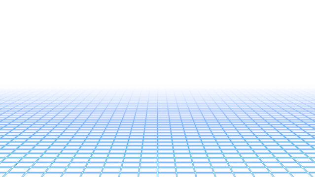 Neon blue grid in perspective fading into the distance over transparent background