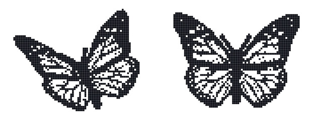 Butterfly illustrations in retro pixelated LCD mobile phone display style isolated on transparent background