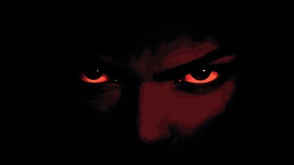 Dark Portrait with Glowing Red Eyes in Shadows