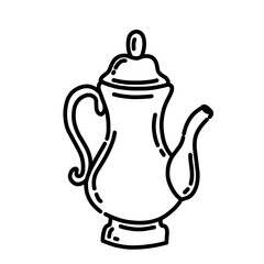 Vintage style hand drawn coffee pot or teapot doodle. Black and white outline kitchenware illustration for cafe, drink, and breakfast design. Minimalist pot icon line art outline illustration.