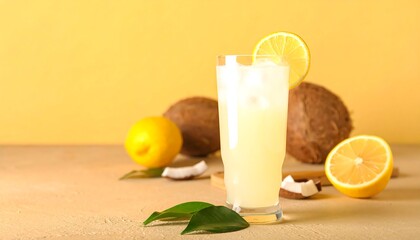Refreshing drink, tropical fruit, vibrant yellow backdrop