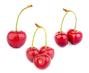 Set of cherry compositions. Cherry fruits isolated on white background. Sweet cherries isolated on white. Berries.