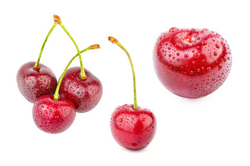 Set of cherry compositions. Cherry fruits isolated on white background. Sweet cherries isolated on white. Berries.