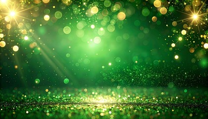 クリスマスイメージのグリーンの玉ボケ背景　緑と金色の輝きが広がる幻想的なボケの背景素材