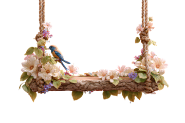 Decorative Bird Swing with Leaves and Flowers, Angled Side View, Isolated on Transparent Background