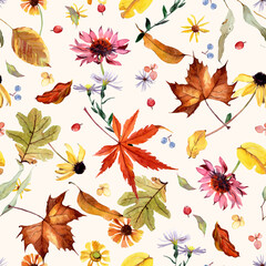Seamless watercolor autumn pattern with hand-painted flowers, colorful leaves, berries, and seasonal nature elements. Perfect for fabric, stationery, packaging, wallpapers, and digital designs.