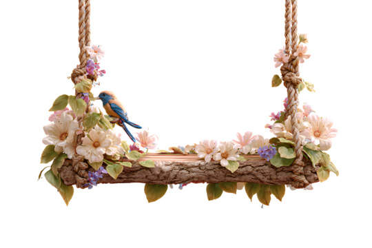 Decorative Bird Swing with Leaves and Flowers, Angled Side View, Isolated on Transparent Background