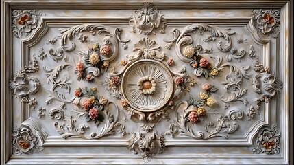 Intricate rococo style plaster ceiling panel with floral motifs and ornate centerpiece © Naqvi photography 