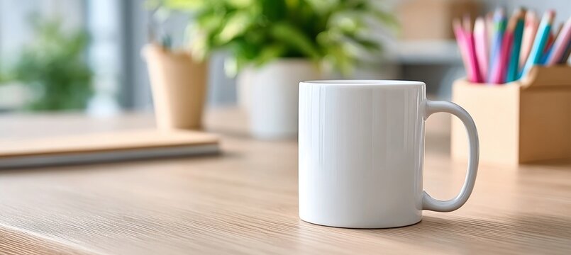 Minimalist Work Space with a White Mug on a Light Wooden Desk and Stylish Modern Stationery Props