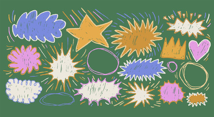 Colorful kid drawn doodle shapes with speech bubbles, stars, crowns, text box, sketchy comic bursts on green background. Crayon style elements for posters, notes, presentations.