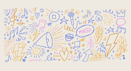 Colorful kid drawn music doodles with notes, microphone, speaker, play buttons, stars, fire, lightning. Crayon style sketchy icons for posters, festivals, school projects or creative design.