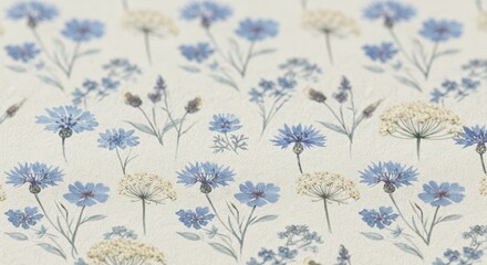 Watercolor floral pattern with blue cornflowers and white flowers.