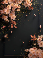 Smooth black backdrop with beveled gold frame and tiny blossoms