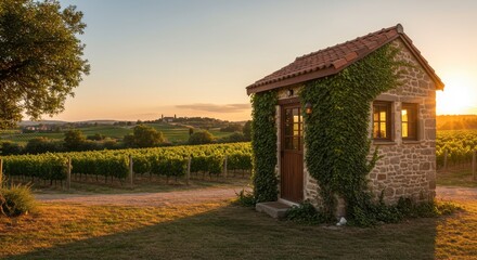 Rustic Stone Cottage Surrounded by Lush Green Vineyard at Sunset with Golden Horizon