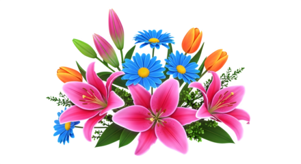 Vibrant spring bouquet featuring pink lilies blue daisies and orange tulips against a dramatic black background