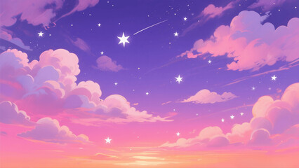 Enchanting anime-style sky with fluffy pastel clouds and shimmering stars.