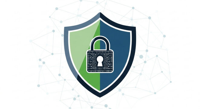 Shield with padlock representing cybersecurity for digital protection and data privacy