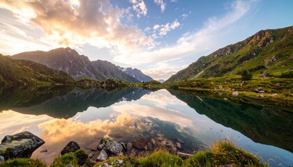 Naklejka premium Mirror Lake of Eternity Reflections of Mountains and Endless Sky 